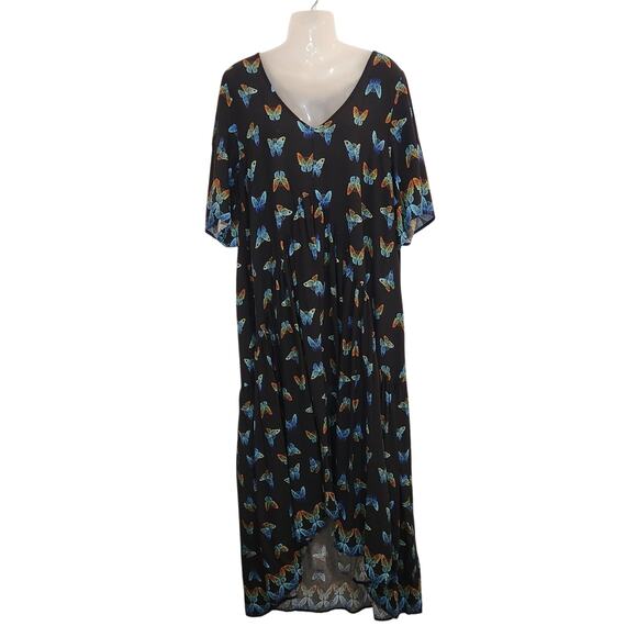 Evans Black Short Sleeve V-Neck Belted Boho Butterfly Maxi Shift Dress Size 18 - Picture 1 of 9